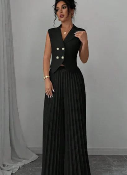 Elegant Sleeveless Vest & Pleated Wide-Leg Pants Set for Women