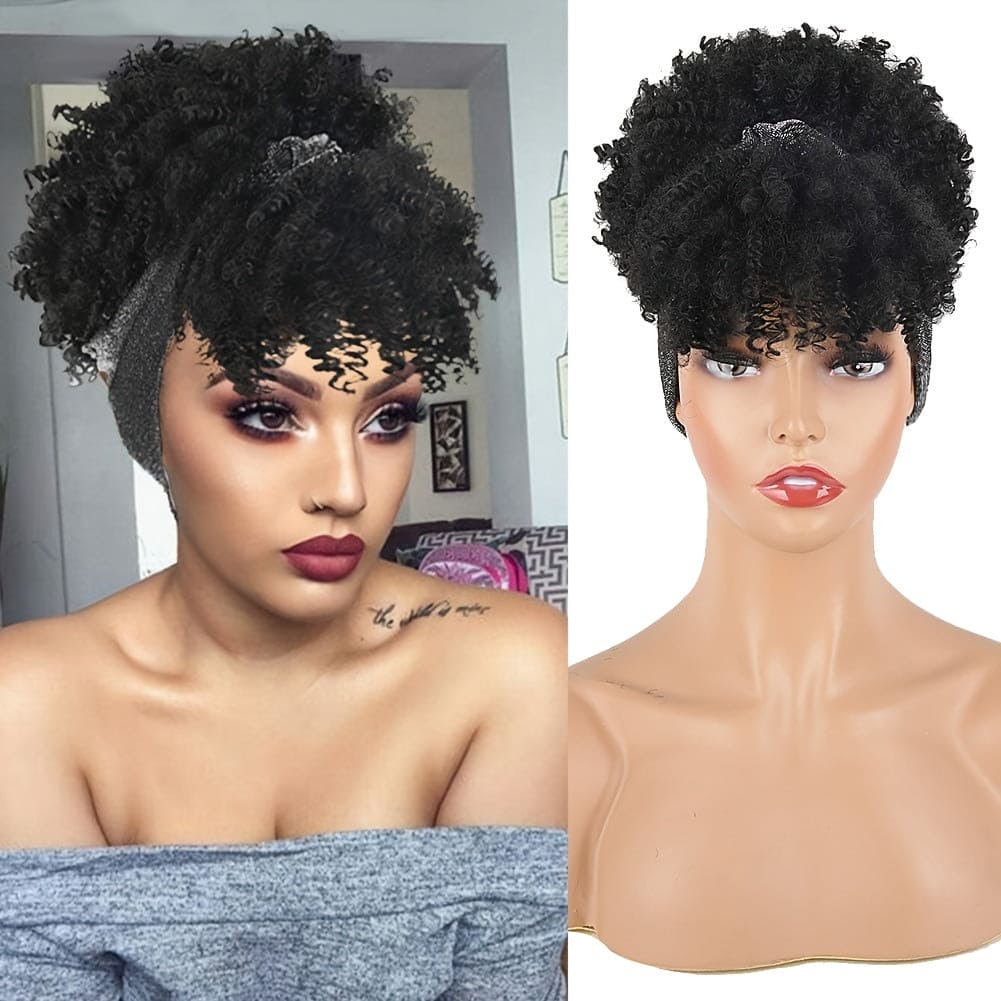 Headband Wig With Bangs Head Wrap Wigs 2 In 1 Afro Wigs, Short Kinky Curly Wigs For Women Head Wrap Wigs Afro High Puff With Bangs Wigs, Synthetic Black/burgundy/dark Brown Wig Music Festival