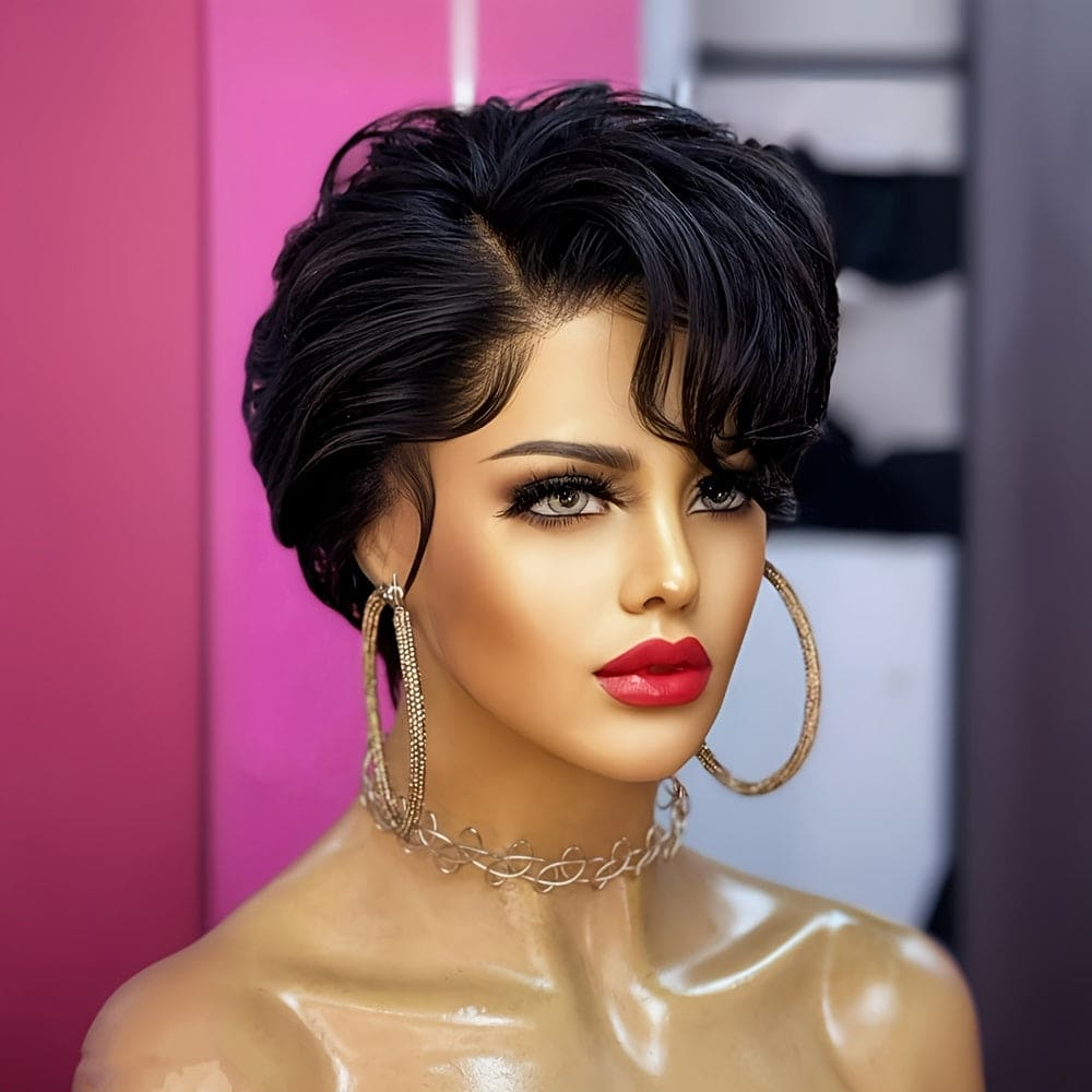 6inch 150% Density 13x4x1 T Part Lace Natural Black Color Pixie Cut Human Hair Wigs For Women Short Curly Human Hair Wig Daily Party Cosplay Christmas Use Remy Wig