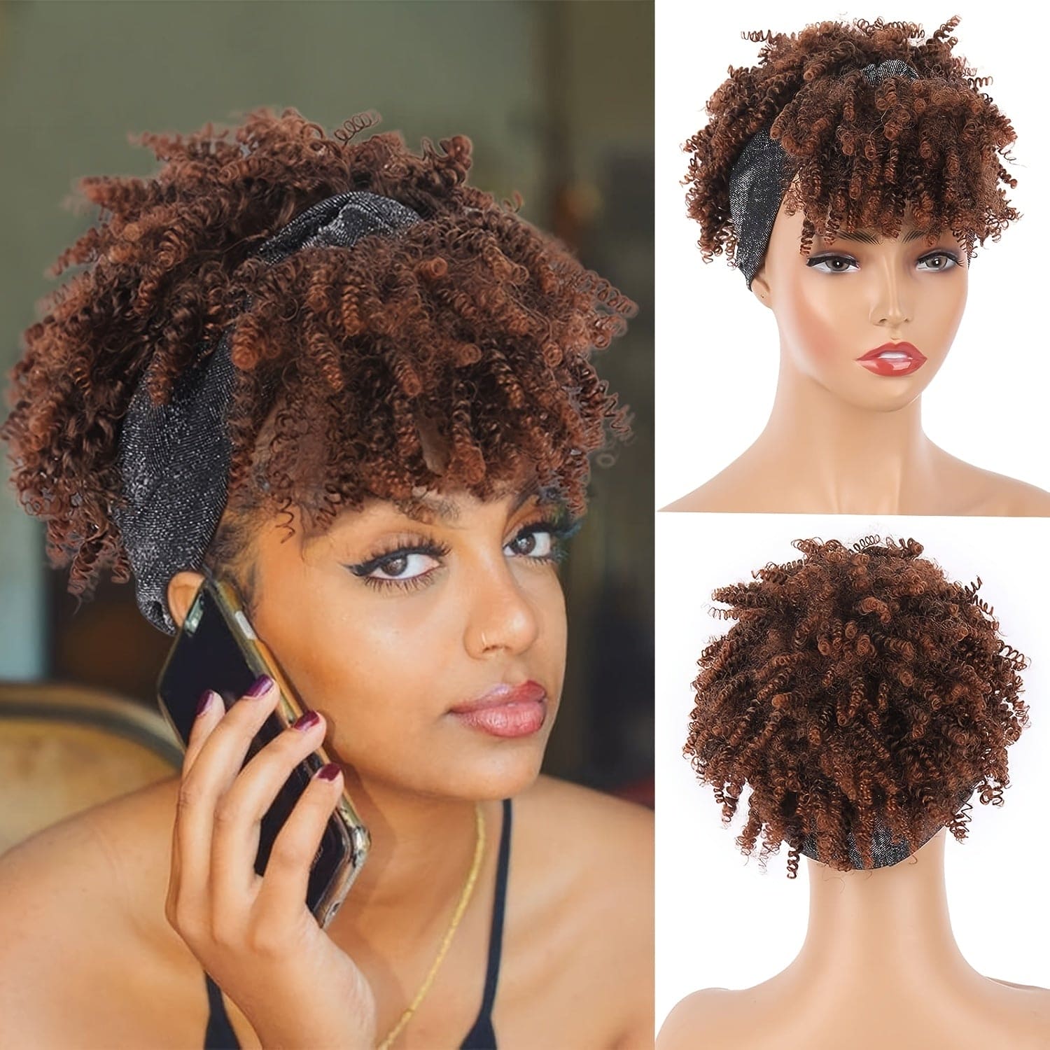 Headband Wig With Bangs Head Wrap Wigs 2 In 1 Afro Wigs, Short Kinky Curly Wigs For Women Head Wrap Wigs Afro High Puff With Bangs Wigs, Synthetic Black/burgundy/dark Brown Wig Music Festival