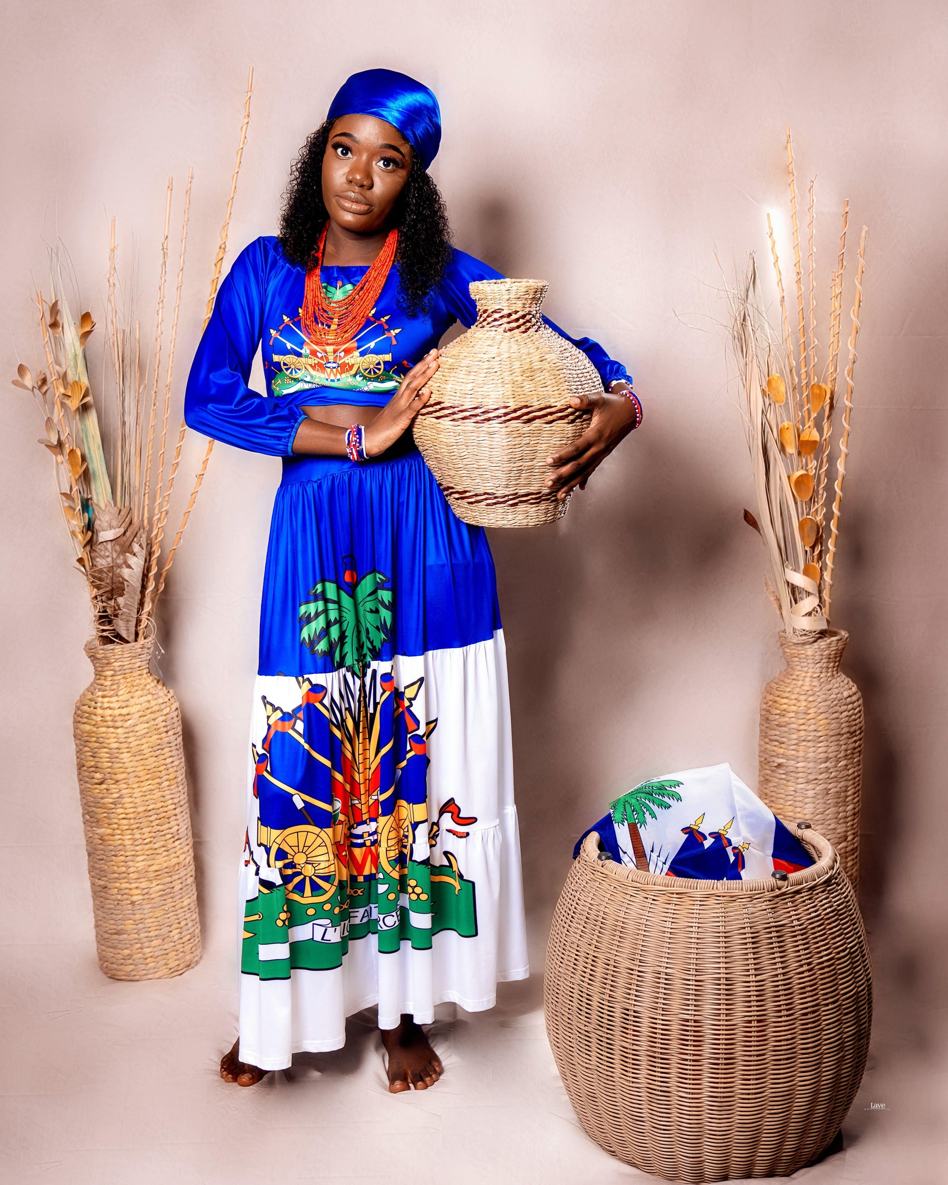 Women’s 2-Piece Haitian Inspired Maxi Skirt Set – Long Sleeve Off-Shoulder Crop Top & Printed Maxi Skirt, Cultural Party Outfit, Fashion Matching Set