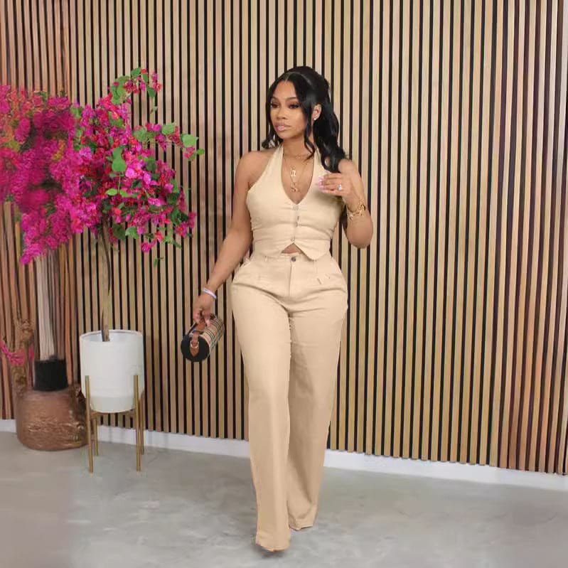 Solid-color V-neck Halter Blazer Vest And Pants Set