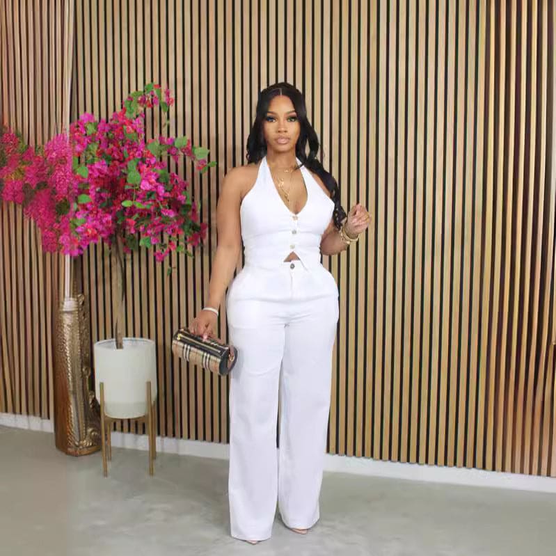 Solid-color V-neck Halter Blazer Vest And Pants Set