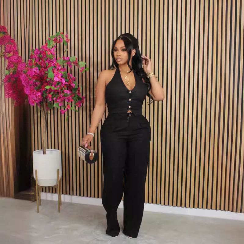 Solid-color V-neck Halter Blazer Vest And Pants Set