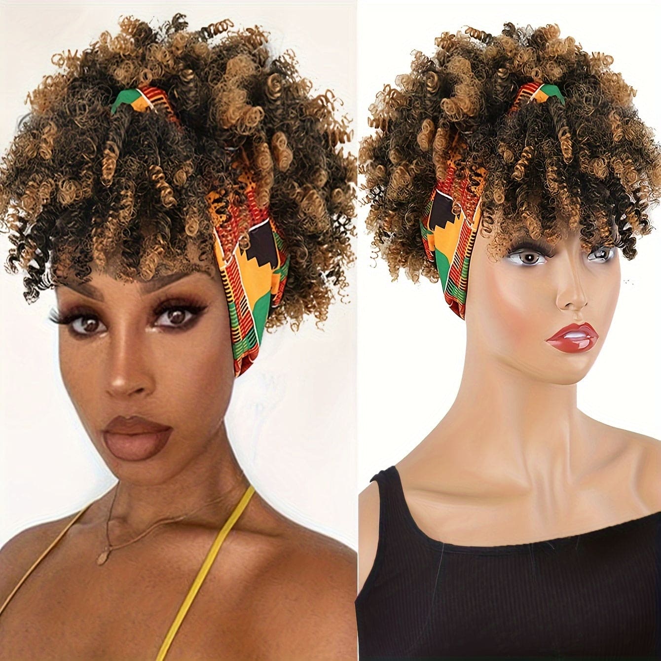 [Short Afro Curly Wig Headband] Black Headband Wig With Bangs For Women Afro Curly Wig With Headband Attached Synthetic Short Kinky Curly Hair Wigs Afro Kinky Black Wig