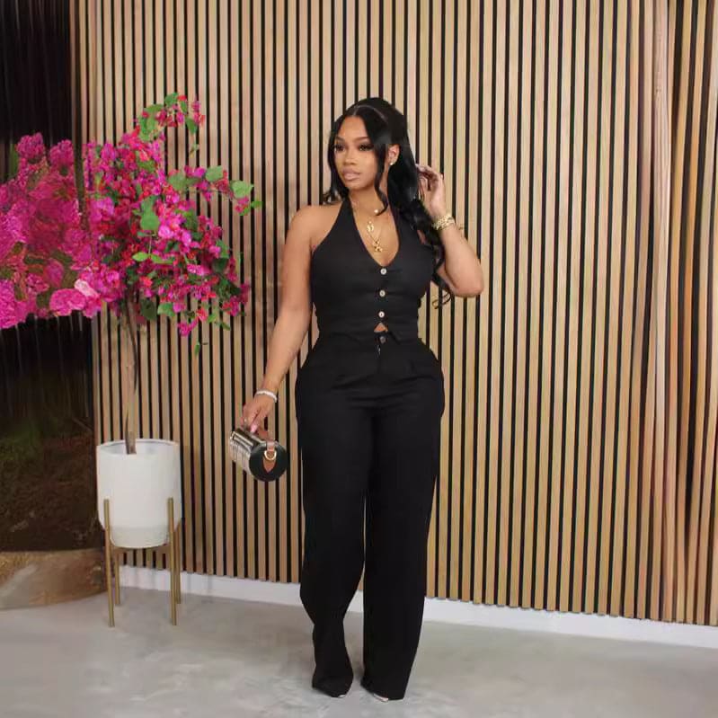 Solid-color V-neck Halter Blazer Vest And Pants Set
