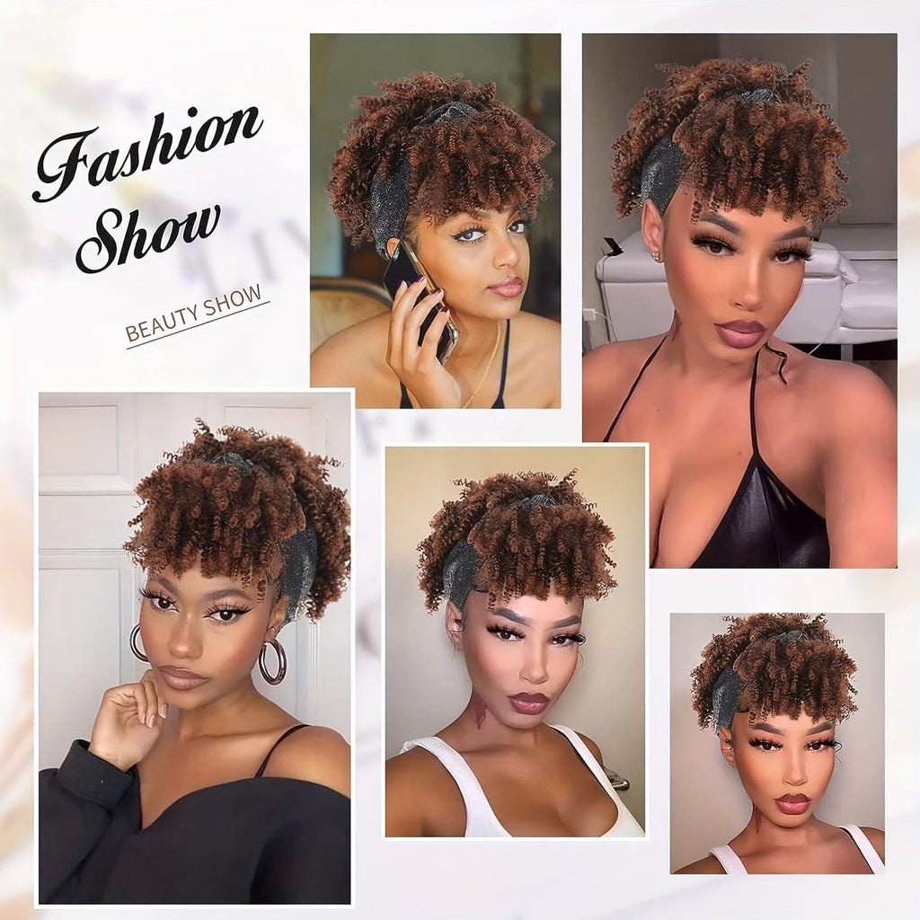 Headband Wig With Bangs Head Wrap Wigs 2 In 1 Afro Wigs, Short Kinky Curly Wigs For Women Head Wrap Wigs Afro High Puff With Bangs Wigs, Synthetic Black/burgundy/dark Brown Wig Music Festival