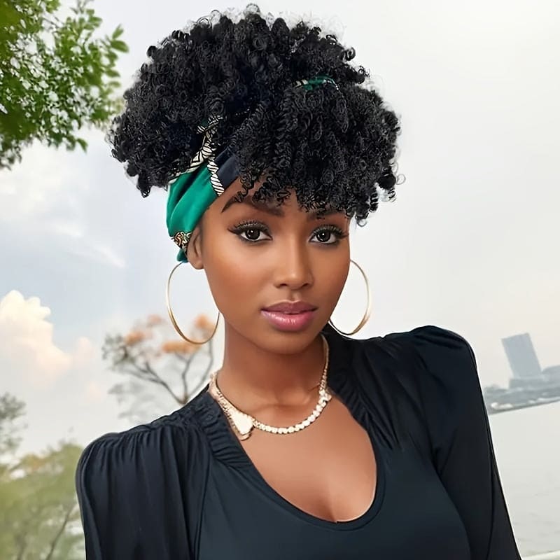 [Short Afro Curly Wig Headband] Black Headband Wig With Bangs For Women Afro Curly Wig With Headband Attached Synthetic Short Kinky Curly Hair Wigs Afro Kinky Black Wig