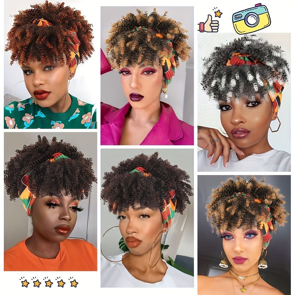 [Short Afro Curly Wig Headband] Black Headband Wig With Bangs For Women Afro Curly Wig With Headband Attached Synthetic Short Kinky Curly Hair Wigs Afro Kinky Black Wig