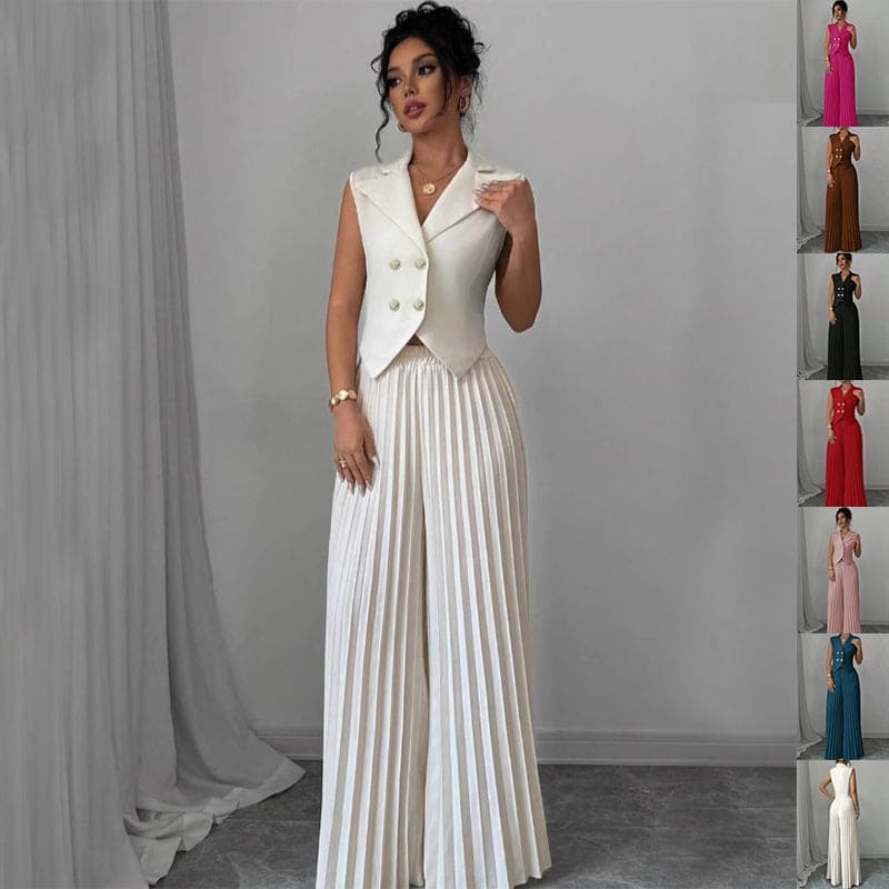 Elegant Sleeveless Vest & Pleated Wide-Leg Pants Set for Women