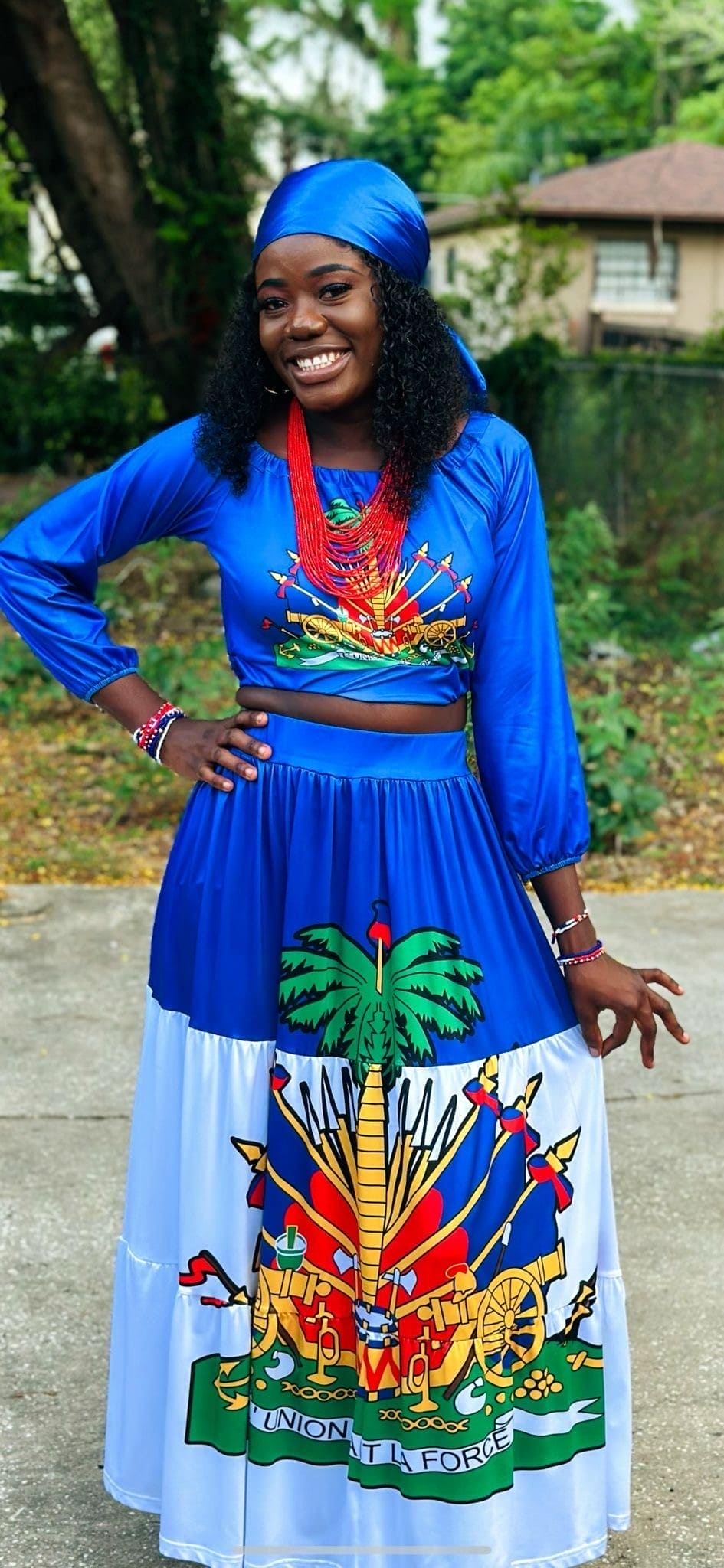 Women’s 2-Piece Haitian Inspired Maxi Skirt Set – Long Sleeve Off-Shoulder Crop Top & Printed Maxi Skirt, Cultural Party Outfit, Fashion Matching Set