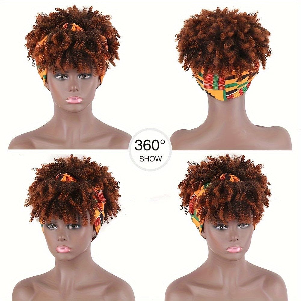 [Short Afro Curly Wig Headband] Black Headband Wig With Bangs For Women Afro Curly Wig With Headband Attached Synthetic Short Kinky Curly Hair Wigs Afro Kinky Black Wig