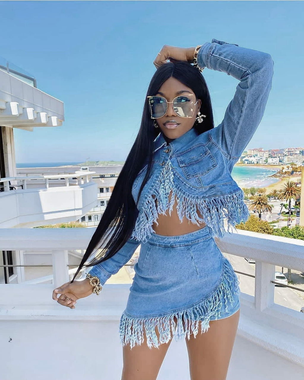 African Denim Skirt Suit Fashion Stretch Cotton