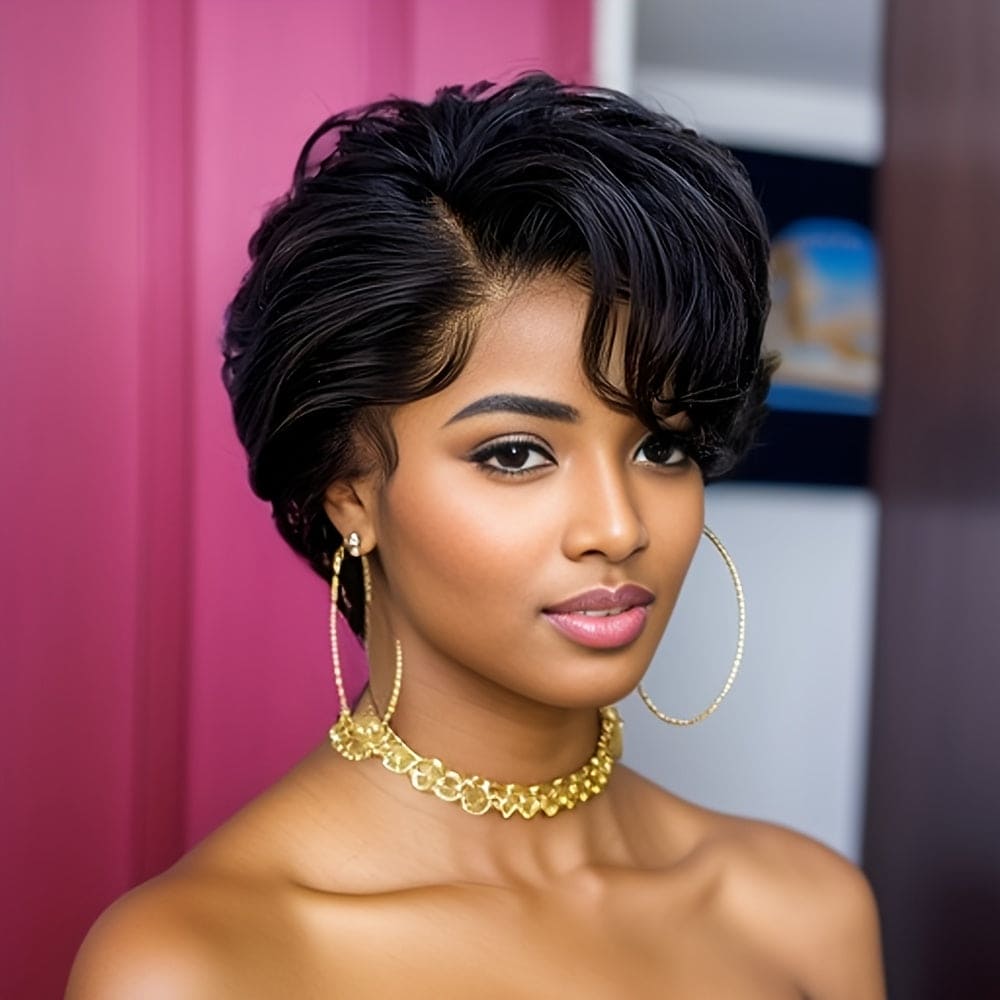 6inch 150% Density 13x4x1 T Part Lace Natural Black Color Pixie Cut Human Hair Wigs For Women Short Curly Human Hair Wig Daily Party Cosplay Christmas Use Remy Wig