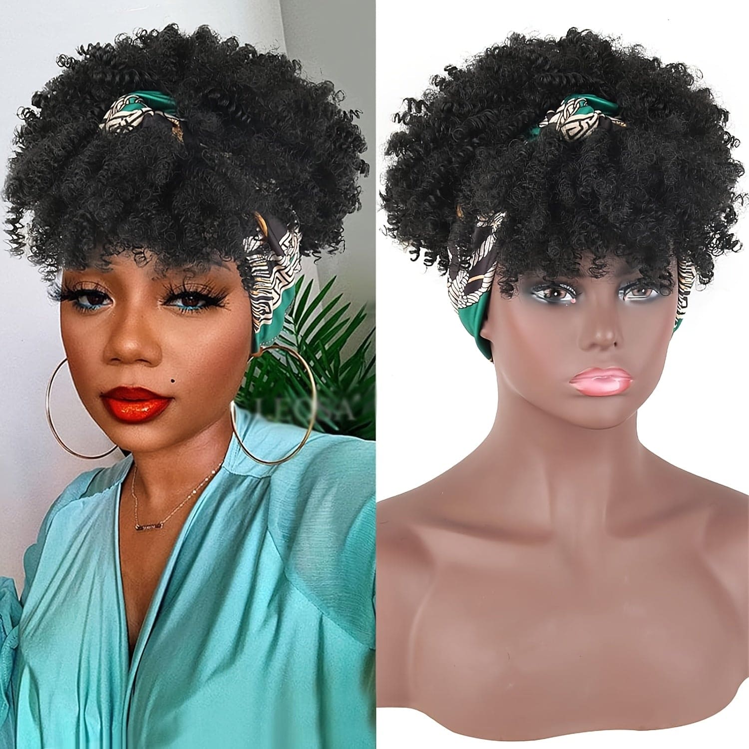 [Short Afro Curly Wig Headband] Black Headband Wig With Bangs For Women Afro Curly Wig With Headband Attached Synthetic Short Kinky Curly Hair Wigs Afro Kinky Black Wig