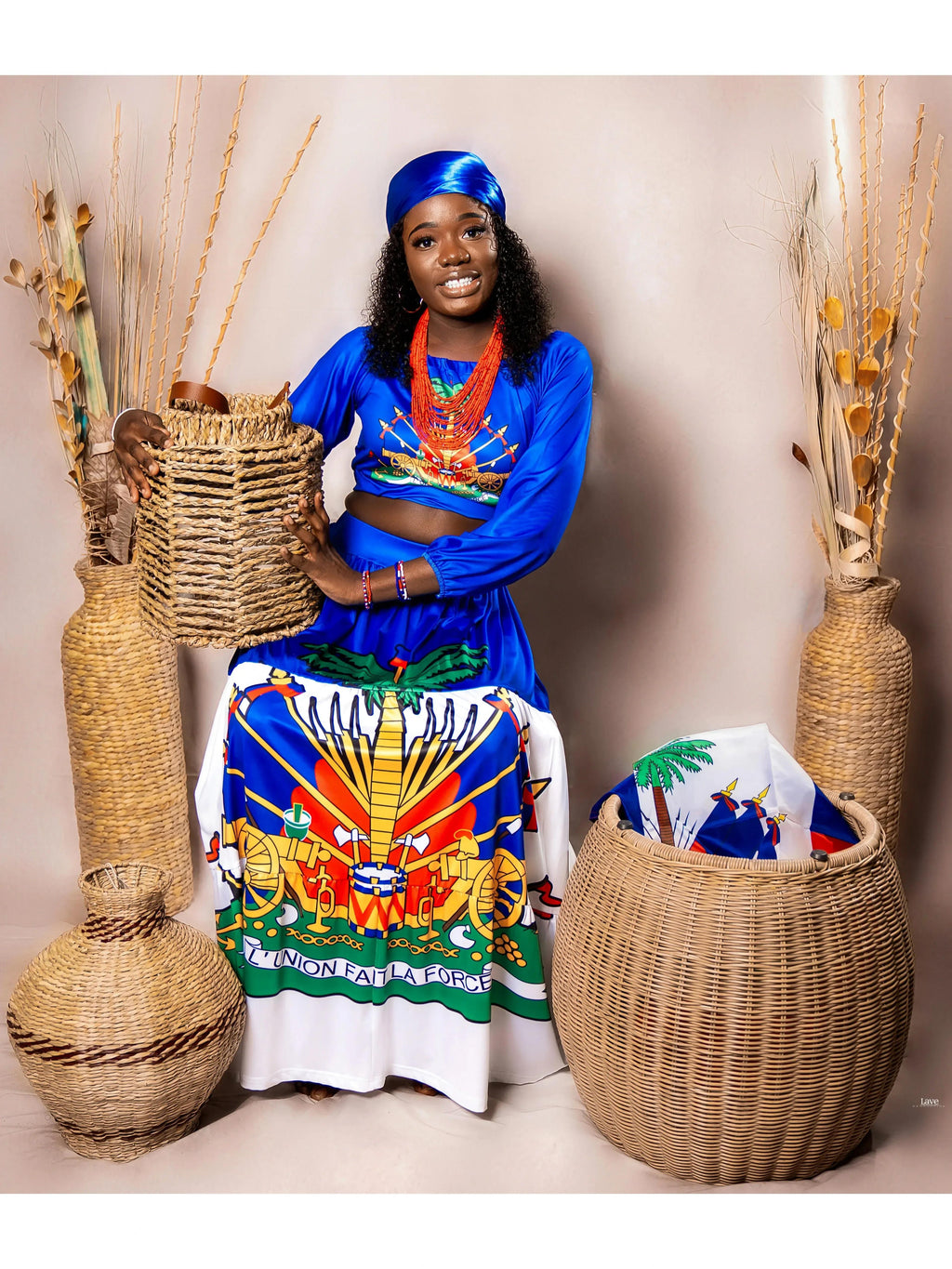 Women’s 2-Piece Haitian Inspired Maxi Skirt Set – Long Sleeve Off-Shoulder Crop Top & Printed Maxi Skirt, Cultural Party Outfit, Fashion Matching Set