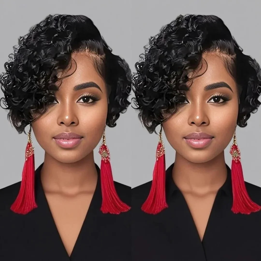 Short Bob Wig Pixie Cut Curly Human Hair Wig For Women Black Color 13x6x1 T part lace closure Deep Wave Lace Wig Preplucked Hair