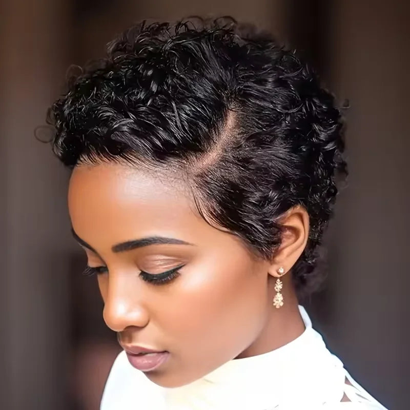 Short Bob Wig Pixie Cut Curly Human Hair Wig For Women Black Color 13x6x1 T part lace closure Deep Wave Lace Wig Preplucked Hair