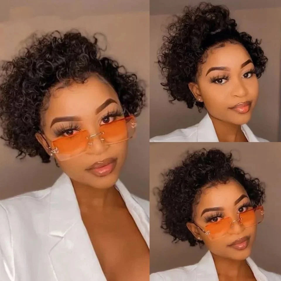 Short Bob Wig Pixie Cut Curly Human Hair Wig For Women Black Color 13x6x1 T part lace closure Deep Wave Lace Wig Preplucked Hair