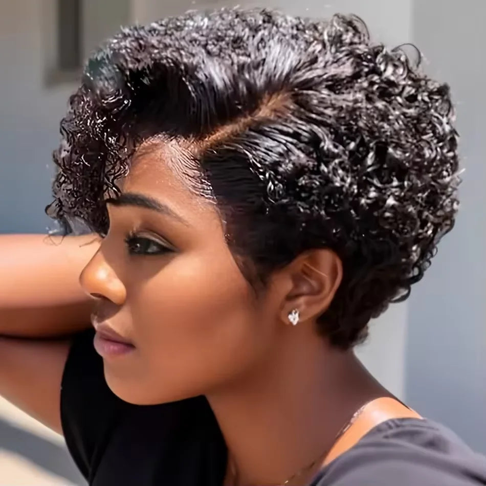 Short Bob Wig Pixie Cut Curly Human Hair Wig For Women Black Color 13x6x1 T part lace closure Deep Wave Lace Wig Preplucked Hair