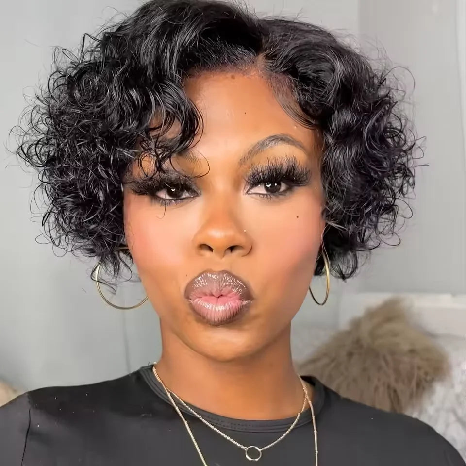 Short Bob Wig Pixie Cut Curly Human Hair Wig For Women Black Color 13x6x1 T part lace closure Deep Wave Lace Wig Preplucked Hair