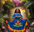 Women Off Shoulder Polynesian Haitian Flag Print Maxi Dress Summer Party Casual Two Pieces Sundress Dresses