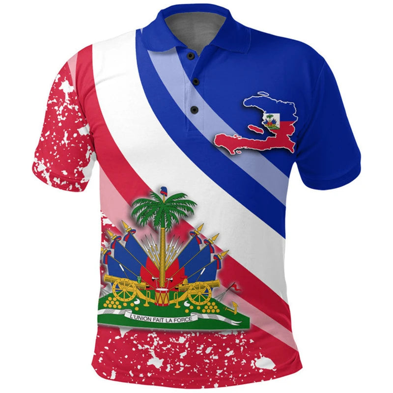 Unisex Haiti Flag 3D Printed Polo Shirt – Casual Button O-Neck Oversized Summer Streetwear Top