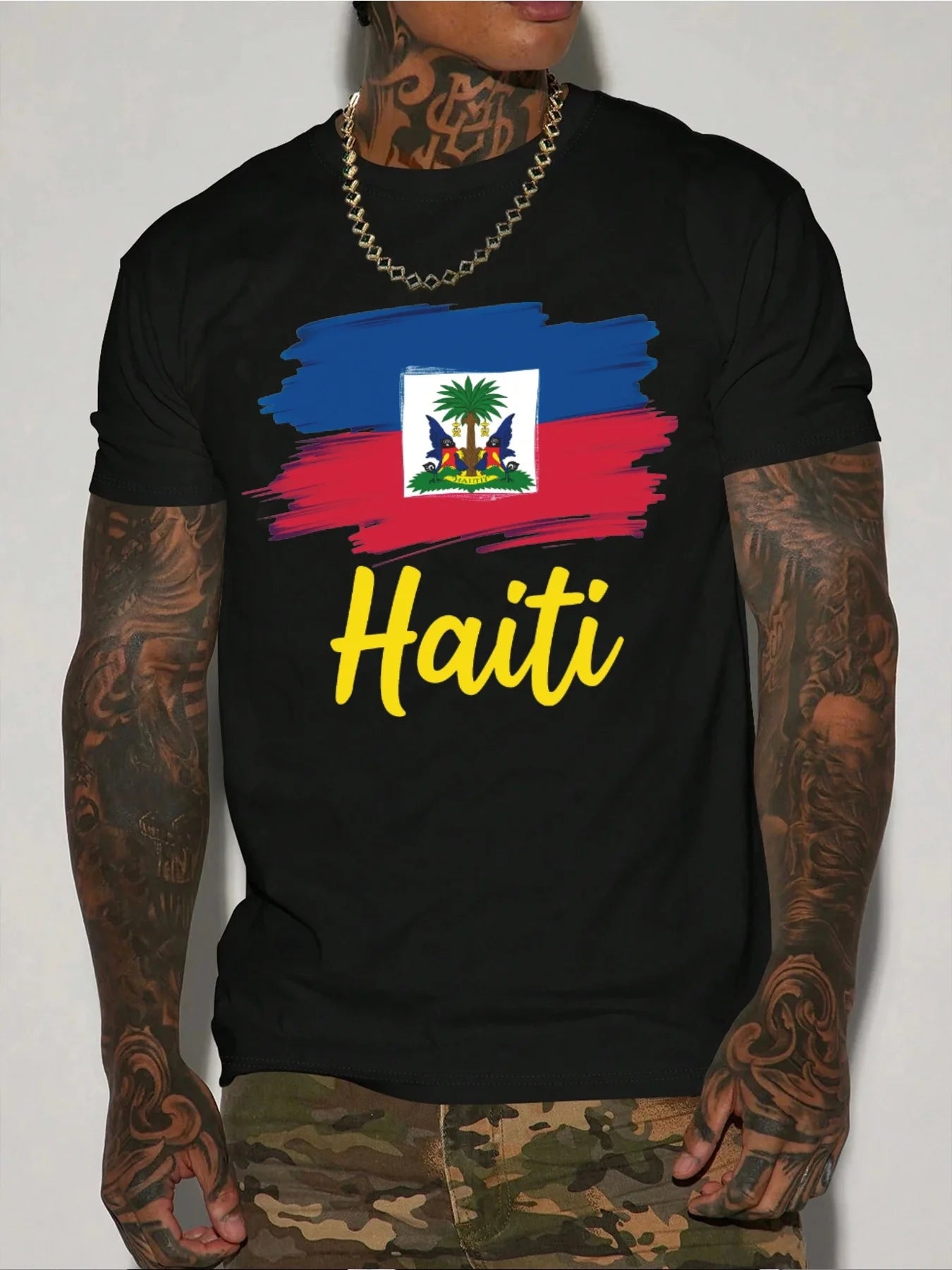 T Shirt For Man 100% Cotton Summer Haiti flag Print Casual Slim Fit Round Neck Short Sleeved T-shirt Top
