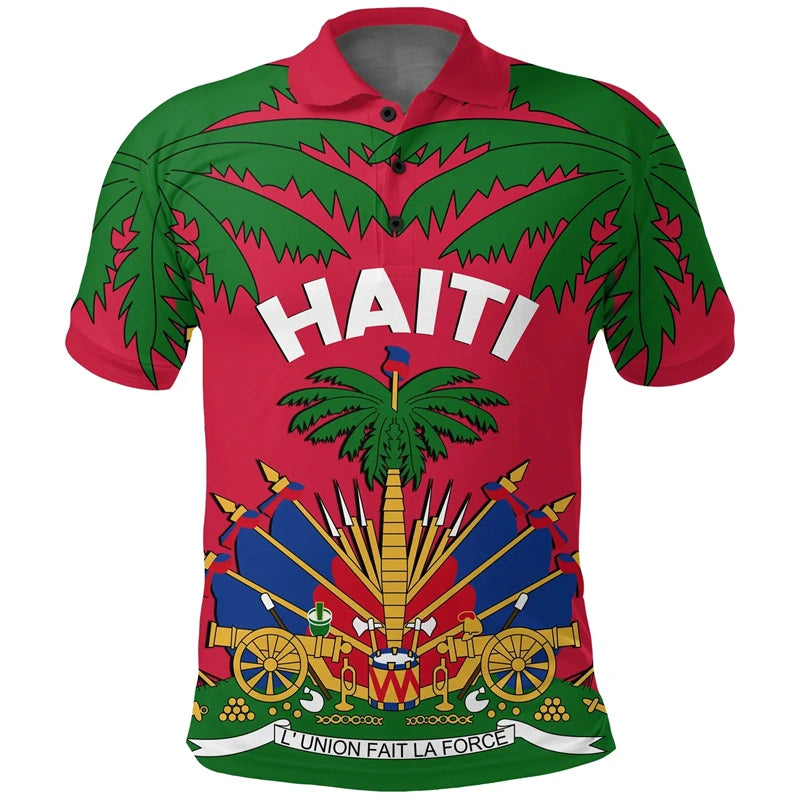 Unisex Haiti Flag 3D Printed Polo Shirt – Casual Button O-Neck Oversized Summer Streetwear Top