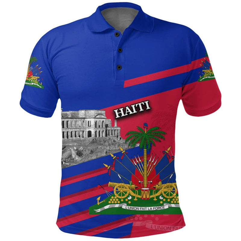Unisex Haiti Flag 3D Printed Polo Shirt – Casual Button O-Neck Oversized Summer Streetwear Top
