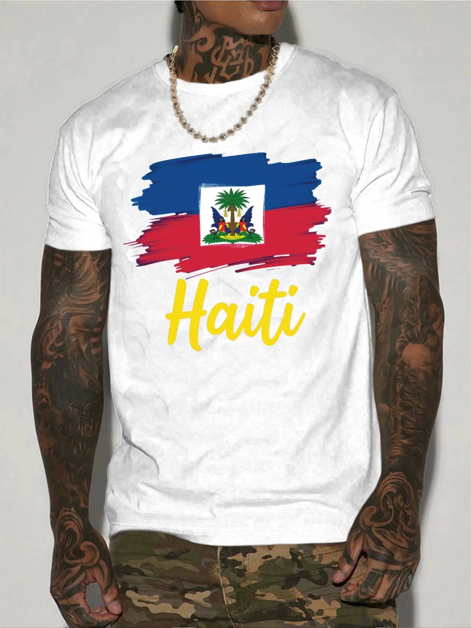 T Shirt For Man 100% Cotton Summer Haiti flag Print Casual Slim Fit Round Neck Short Sleeved T-shirt Top