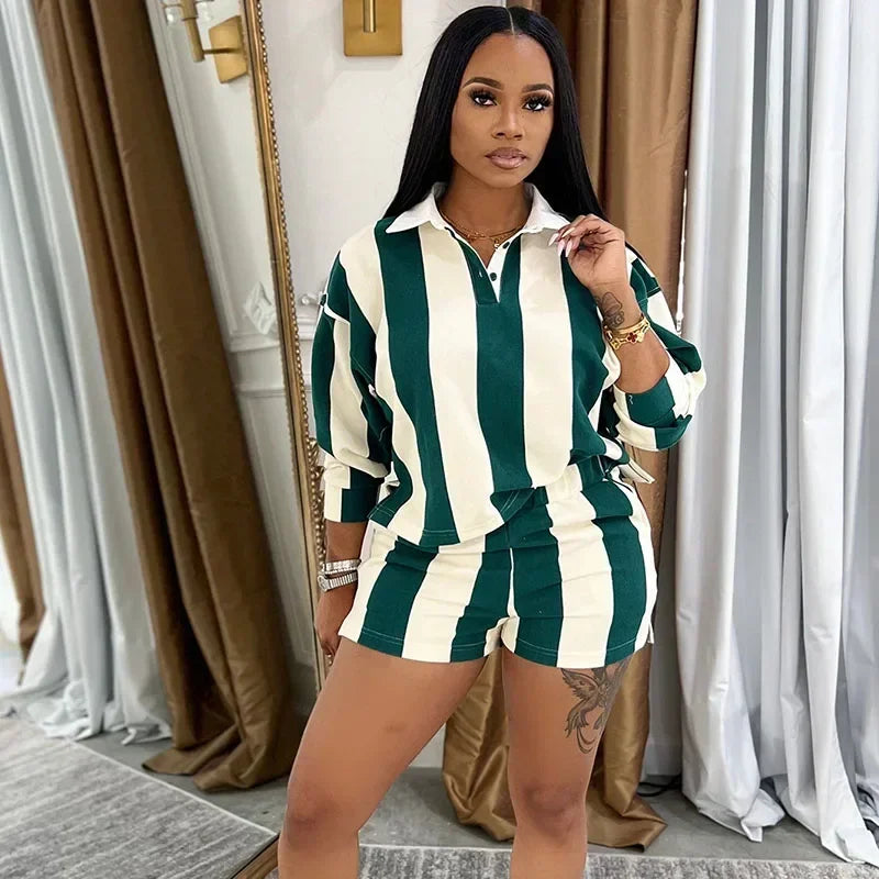 Striped Print Sweatsuits Woman 2 Piece Outfits Sporty Workout Turn-down Collar Sweatshirt Top and Shorts Ensemble Jogging Femme