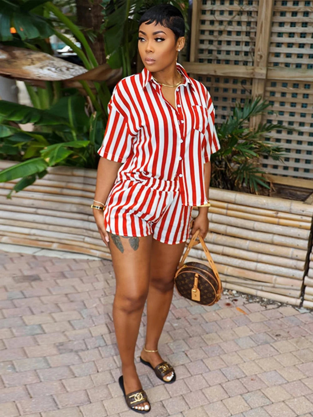 Women's Striped Suit Short Sleeve Lapel Top And Loose Shorts Outfits Comfortable Casual Ladies Two-Piece Set