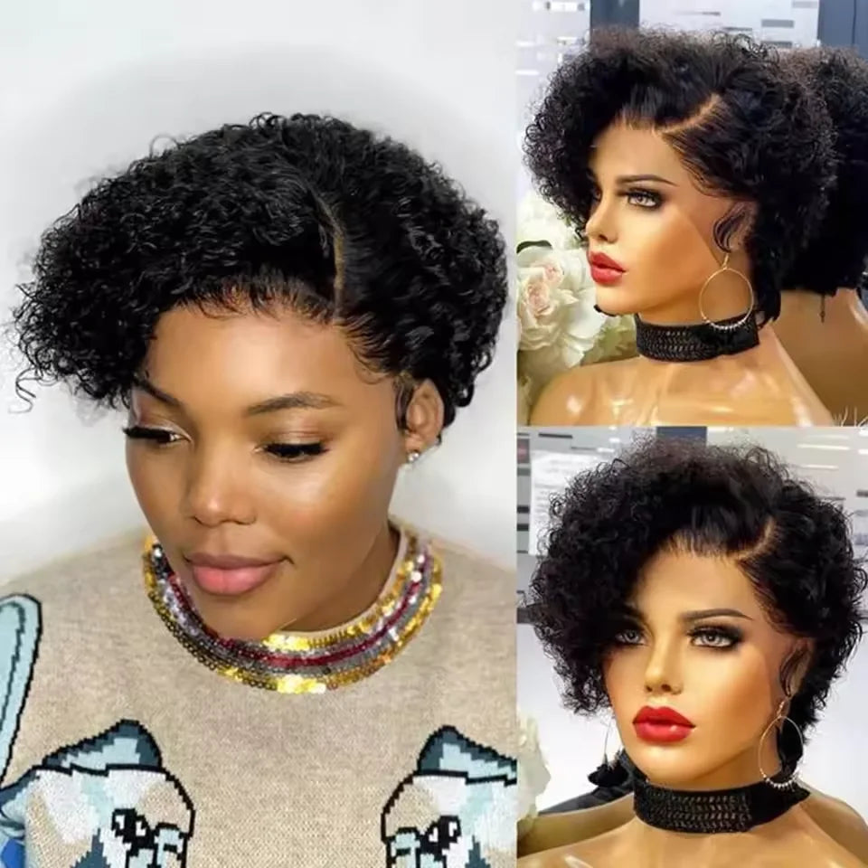Short Bob Wig Pixie Cut Curly Human Hair Wig For Women Black Color 13x6x1 T part lace closure Deep Wave Lace Wig Preplucked Hair