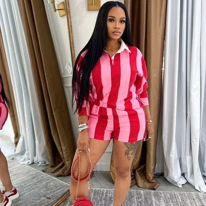 Striped Print Sweatsuits Woman 2 Piece Outfits Sporty Workout Turn-down Collar Sweatshirt Top and Shorts Ensemble Jogging Femme