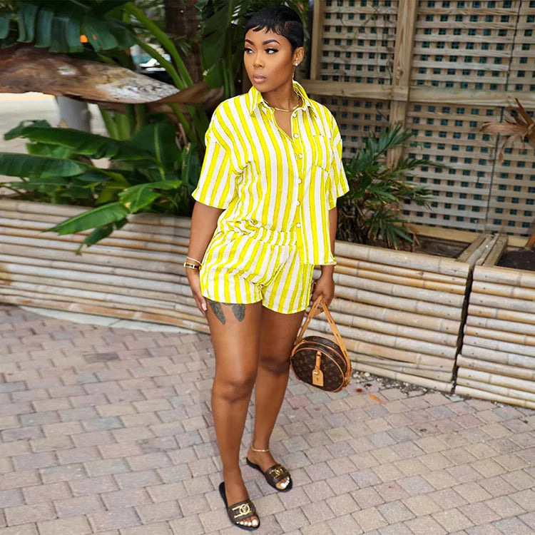 Women's Striped Suit Short Sleeve Lapel Top And Loose Shorts Outfits Comfortable Casual Ladies Two-Piece Set