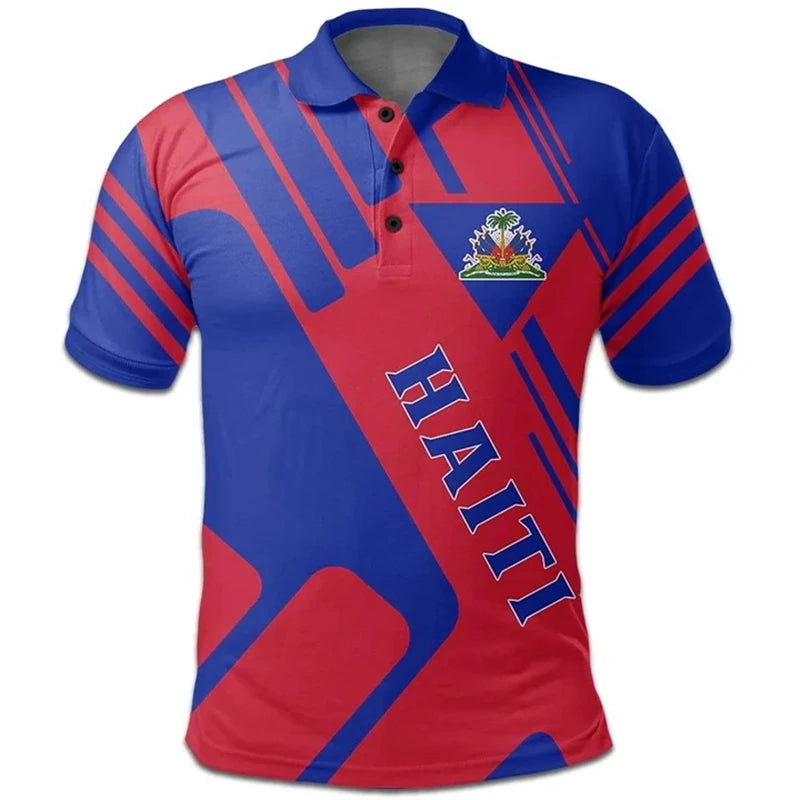 Unisex Haiti Flag 3D Printed Polo Shirt – Casual Button O-Neck Oversized Summer Streetwear Top