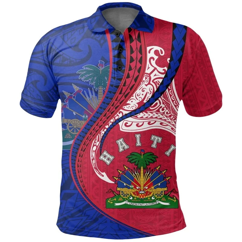 Unisex Haiti Flag 3D Printed Polo Shirt – Casual Button O-Neck Oversized Summer Streetwear Top