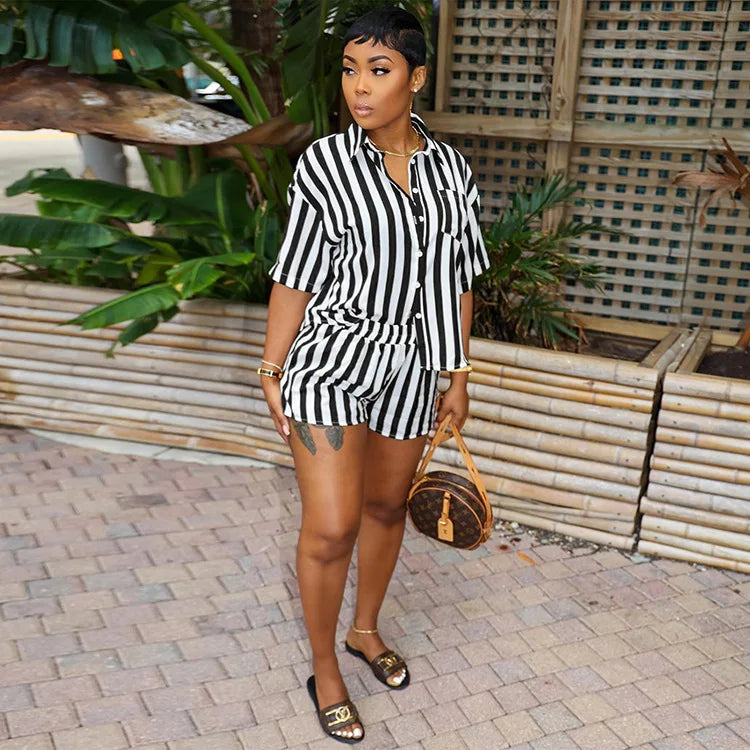 Women's Striped Suit Short Sleeve Lapel Top And Loose Shorts Outfits Comfortable Casual Ladies Two-Piece Set