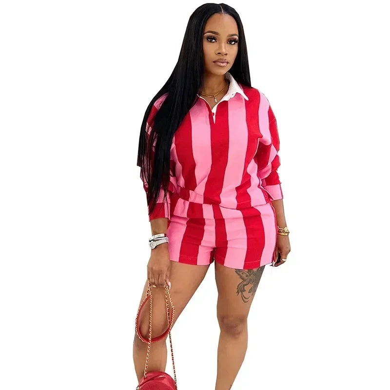 Striped Print Sweatsuits Woman 2 Piece Outfits Sporty Workout Turn-down Collar Sweatshirt Top and Shorts Ensemble Jogging Femme