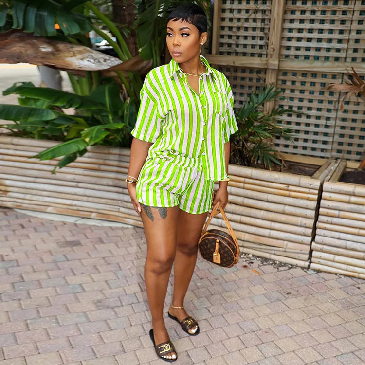 Women's Striped Suit Short Sleeve Lapel Top And Loose Shorts Outfits Comfortable Casual Ladies Two-Piece Set