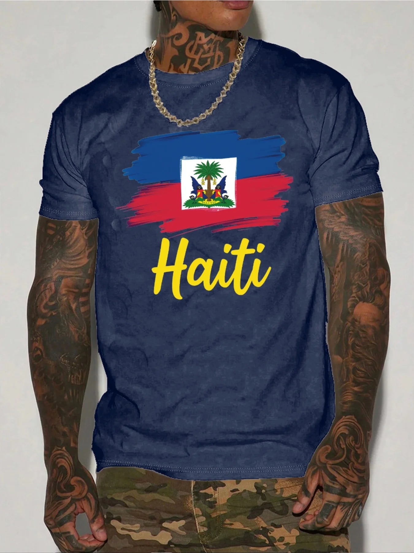 T Shirt For Man 100% Cotton Summer Haiti flag Print Casual Slim Fit Round Neck Short Sleeved T-shirt Top
