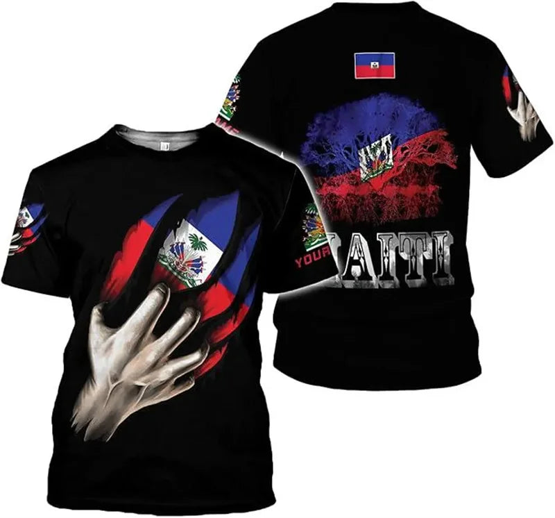 Men’s Haitian Flag 3D Print T-Shirt – National Emblem Short Sleeve