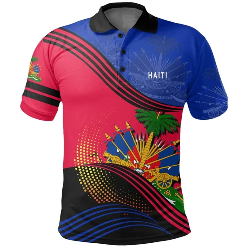 Unisex Haiti Flag 3D Printed Polo Shirt – Casual Button O-Neck Oversized Summer Streetwear Top
