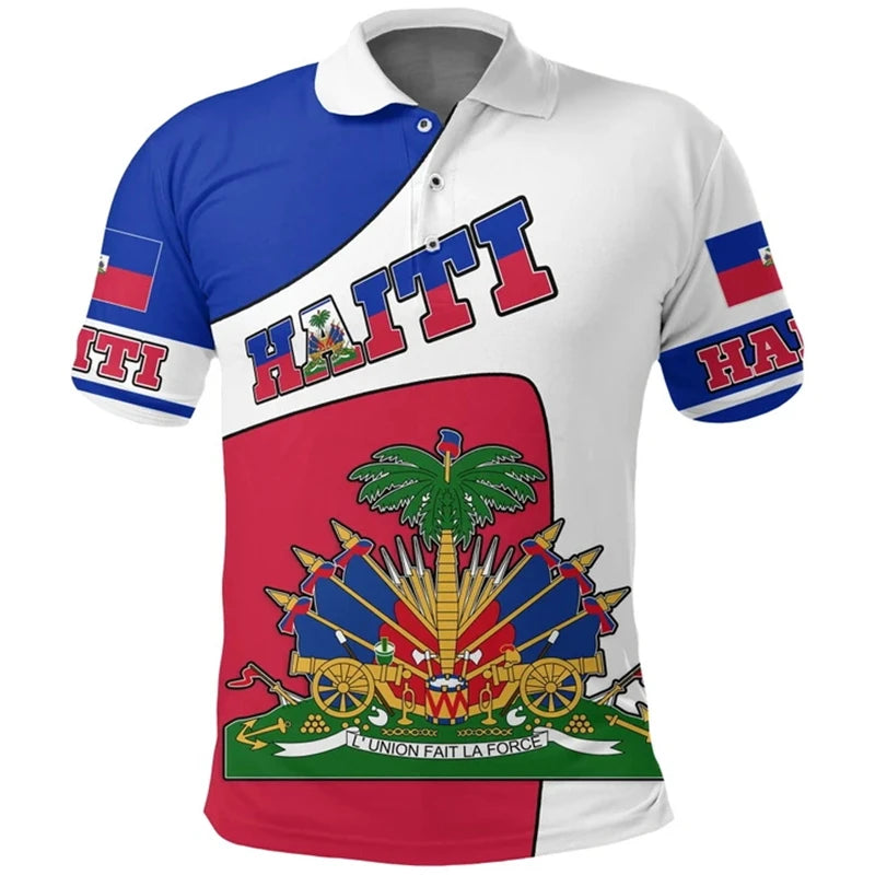 Unisex Haiti Flag 3D Printed Polo Shirt – Casual Button O-Neck Oversized Summer Streetwear Top
