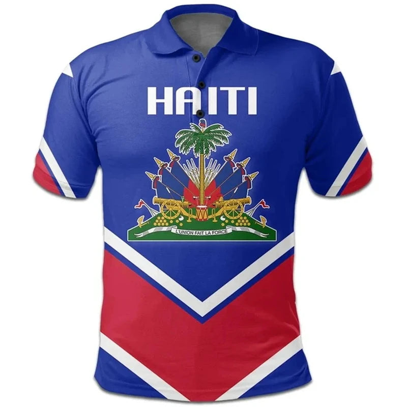 Unisex Haiti Flag 3D Printed Polo Shirt – Casual Button O-Neck Oversized Summer Streetwear Top