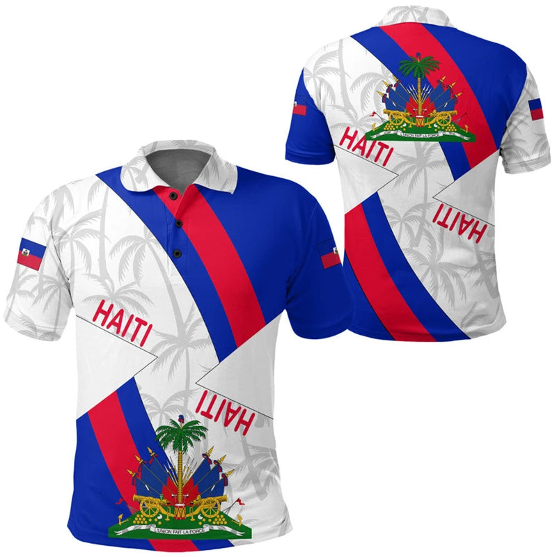Unisex Haiti Flag 3D Printed Polo Shirt – Casual Button O-Neck Oversized Summer Streetwear Top