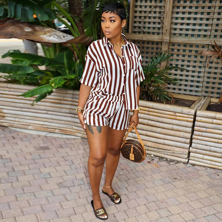 Women's Striped Suit Short Sleeve Lapel Top And Loose Shorts Outfits Comfortable Casual Ladies Two-Piece Set