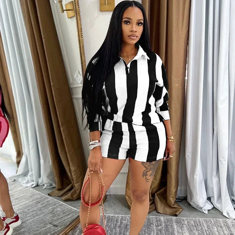 Striped Print Sweatsuits Woman 2 Piece Outfits Sporty Workout Turn-down Collar Sweatshirt Top and Shorts Ensemble Jogging Femme