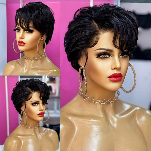 6inch 150% Density 13x4x1 T Part Lace Natural Black Color Pixie Cut Human Hair Wigs For Women Short Curly Human Hair Wig Daily Party Cosplay Christmas Use Remy Wig